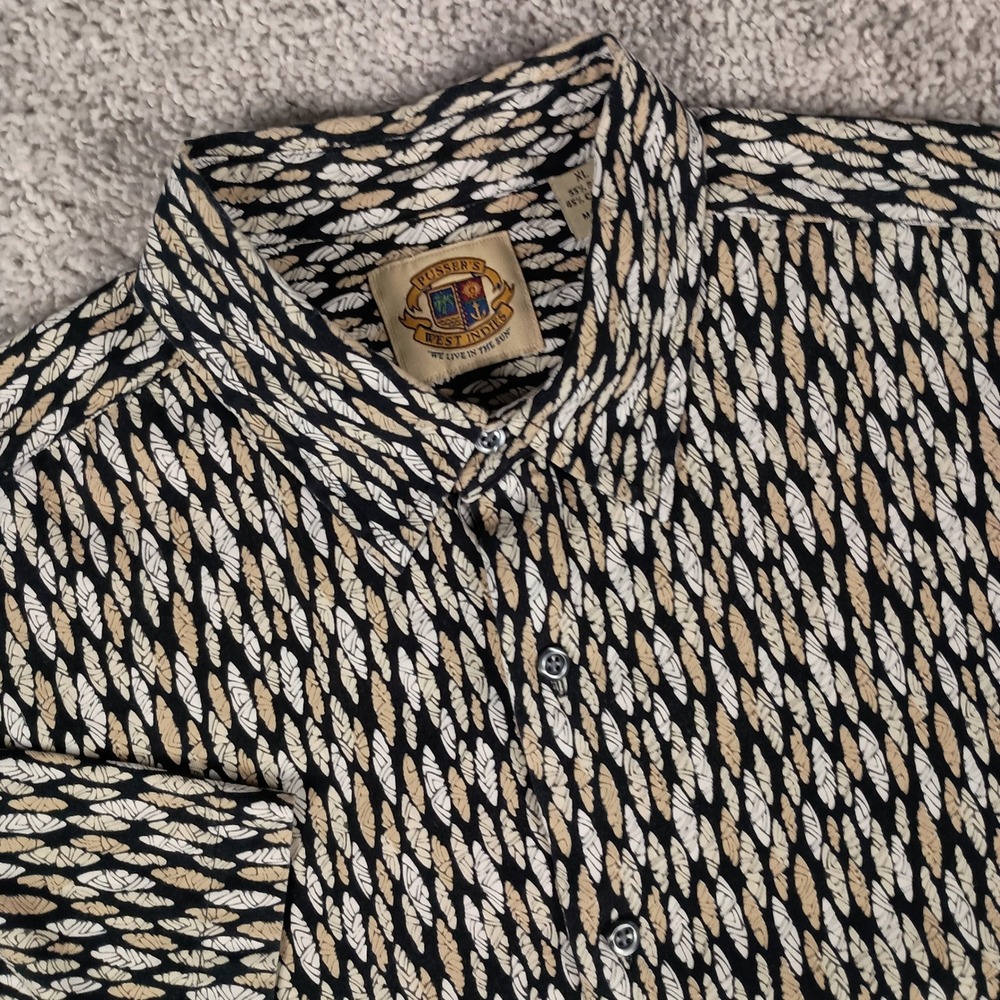 Pusser's West Indies Button Down Men XL Black Tan Silk Cotton Abstract Pattern